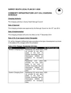 SURREY HEATH LOCAL PLAN[removed]COMMUNITY INFRASTRUCTURE LEVY (CIL) CHARGING SCHEDULE Charging Authority The charging authority is Surrey Heath Borough Council Date of Approval