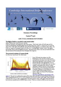 Summary Proceedings Tuesday 8th April LIFE CYCLE AND MIGRATION STUDIES The flight of Swifts as revealed by wind tunnel studies Anders Hedenström, Lund University, Sweden Swifts are extremely well adapted for a life in t