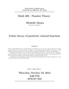 Department of Mathematics, University of California, San Diego ******************************* Math[removed]Number Theory Michelle Manes