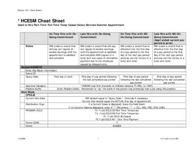 Banner: HR – Cheat Sheets  *HCESM Cheat Sheet Used to Hire Part-Time/Full-Time Temp/Casual Salary Services Summer Appointment