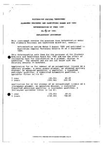 AUSTRALIAN CAPITAL TERRITORY PLUMBERS DRAINERS AND GASFITTERS BOARD ACT 1982 DETERMINATION OF FEES 1991 NO.^I OF 1991 EXPLANATORY STATEMENT This instrument revokes the previous fees determination under