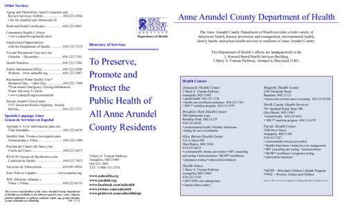 Anne Arundel County Department of Health Directory of Services