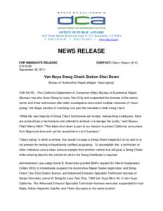 OFFICE OF PUBLIC AFFAIRS 1625 North Market Boulevard, Suite N-323, Sacramento, CA[removed]P[removed]F[removed] | www.dca.ca.gov NEWS RELEASE FOR IMMEDIATE RELEASE