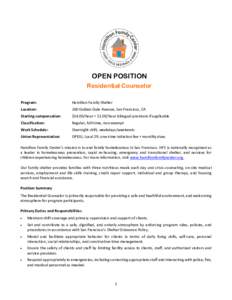 OPEN POSITION Residential Counselor Program: Hamilton Family Shelter