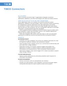 TIBCO Connectors AT A GLANCE TIBCO universal connectors help IT organizations integrate on-premise applications, databases, and other technologies with SaaS and mobile solutions.  WIDE SELECTION OF PLUG-INS AND CONNECTOR