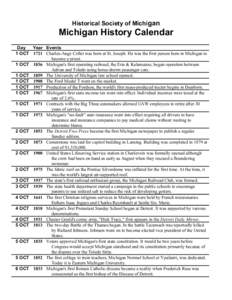 Historical Society of Michigan  Michigan History Calendar Day Year Events 1 OCT 1721 Charles-Ange Collet was born at St. Joseph. He was the first person born in Michigan to