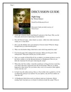 Page 1  DISCUSSION GUIDE Night Song by Tricia Goyer World War II Historical Novel