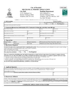 City of Marshall MECHANICAL PERMIT APPLICATION City Hall Building Department 323 W. Michigan Ave. Marshall, Michigan 49068