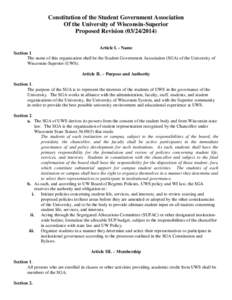 Constitution of the Student Government Association Of the University of Wisconsin-Superior Proposed Revision[removed]Article I. - Name Section 1 The name of this organization shall be the Student Government Associat