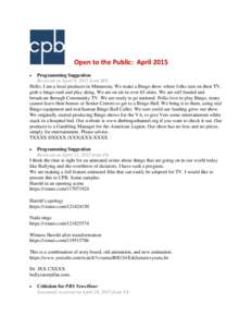 Open to the Public Report of Comments Received by CPB:  April 2015