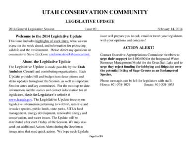 UTAH CONSERVATION COMMUNITY LEGISLATIVE UPDATE 2014 General Legislative Session Issue #3
