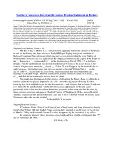 Southern Campaign American Revolution Pension Statements & Rosters Pension application of William Hill BLReg238611-1855 Transcribed by Will Graves Rachel Hill
