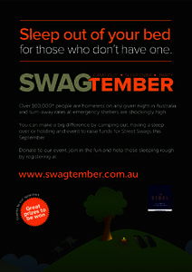 Over 100,000* people are homeless on any given night in Australia and turn-away rates at emergency shelters are shockingly high. You can make a big difference by camping out, having a sleep over or holding and event to r