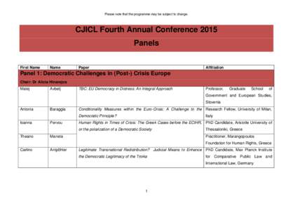 Please note that the programme may be subject to change.  CJICL Fourth Annual Conference 2015 Panels First Name