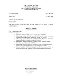 CITY COUNCIL MEETING MUNICIPAL BUILDING 116 W. Needles Ave., Bixby, OK[removed]April 14, 2014 at 6:00 P.M.  CALL TO ORDER