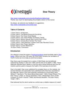 Dow Theory http://www.investopedia.com/university/Dowtheory/default.asp Thanks very much for downloading the printable version of this tutorial. As always, we welcome any feedback or suggestions. http://www.investopedia.