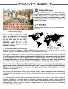 Political geography / Ottawa Treaty / Mine warfare / Land mine / Mozambique / Demining / Anti-personnel mine / HALO Trust / International Campaign to Ban Landmines / Mine action / Development / International relations