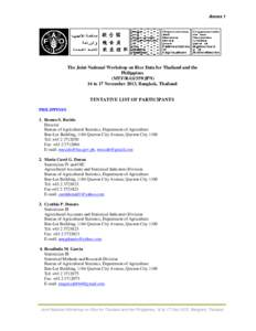 Annex 1  The Joint National Workshop on Rice Data for Thailand and the Philippines (MTF/RAS/359/JPN) 16 to 17 November 2013, Bangkok, Thailand