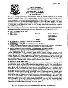 Item No.: G-3  CITY OF CORNING CITY COUNCIL MINUTES  TUESDAY, MAY 13,2014