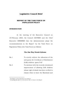 Legislative Council Brief  REPORT OF THE TASK FORCE ON POPULATION POLICY  INTRODUCTION