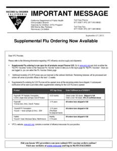 IMPORTANT MESSAGE California Department of Public Health Immunization Branch Vaccines for Children (VFC) Program 850 Marina Bay Parkway Richmond, CA 94804