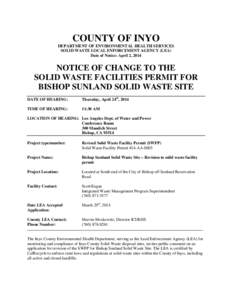 COUNTY OF INYO DEPARTMENT OF ENVIRONMENTAL HEALTH SERVICES SOLID WASTE LOCAL ENFORCEMENT AGENCY (LEA) Date of Notice: April 2, 2014  NOTICE OF CHANGE TO THE