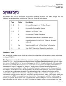 Synopsys, Inc. Third Quarter Fiscal 2015 Financial Disclosure Supplement August 19, 2015 To enhance the level of disclosure we provide and help investors gain better insight into our business, we are providing investors 