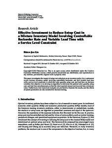 Effective Investment to Reduce Setup Cost in a Mixture Inventory Model Involving Controllable Backorder Rate and Variable Lead Time with a Service Level Constraint