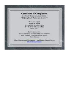 Certificate of Completion U.S. Small Business Administration 