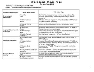 Mrs. Indumati Jhaveri Prize For the Year 2014 Eligibility : Less than 7 years from M.B.B.S. Judges : Chairperson & Co-chairperson of the Sessions.  Themes of the Congress