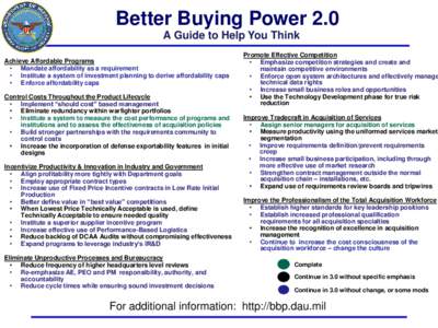 Better Buying Power 2.0 A Guide to Help You Think Achieve Affordable Programs • Mandate affordability as a requirement • Institute a system of investment planning to derive affordability caps • Enforce affordabilit