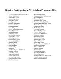 Districts Participating in NH Scholars Program – 2014 Academy for Science & Design (Nashua) Alvirne High School Bedford High School Belmont High School Berlin High School