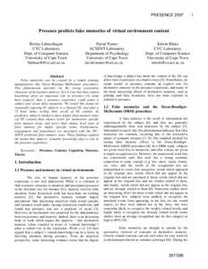 PRESENCEPresence predicts false memories of virtual environment content Bertus Labuschagne CVC Laboratory Dept. of Computer Science