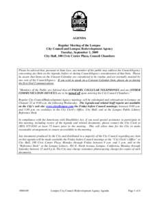 AGENDA Regular Meeting of the Lompoc City Council and Lompoc Redevelopment Agency Tuesday, September 1, 2009 City Hall, 100 Civic Center Plaza, Council Chambers
