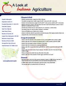 A Look at  Indiana Agriculture Climate & Soil  Capital: Indianapolis