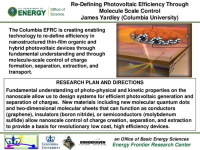 Re-Defining Photovoltaic Efficiency Through Molecule Scale Control James Yardley (Columbia University) The Columbia EFRC is creating enabling technology to re-define efficiency in nanostructured thin-film organic and