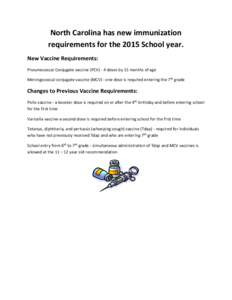 North Carolina has new immunization requirements for the 2015 School year. New Vaccine Requirements: Pneumococcal Conjugate vaccine (PCV) - 4 doses by 15 months of age Meningococcal conjugate vaccine (MCV) - one dose is 