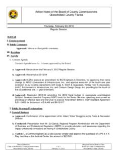 Action Notes of the Board of County Commissioners Okeechobee County Florida Thursday, February 23, 2012 Regular Session Roll Call