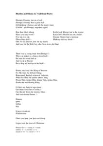 Rhythm and Rhyme in Traditional Poetry |Humpty |Dumpty |sat on a |wall |Humpty |Dumpty |had a great |fall |All the king’s |horses and |all the king’s |men |Couldn’t put |Humpty to|gether a|gain |Baa |baa |black |sh