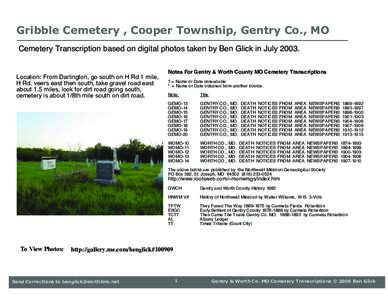 Gribble Cemetery , Cooper Township, Gentry Co., MO Cemetery Transcription based on digital photos taken by Ben Glick in JulyLocation: From Darlington, go south on H Rd 1 mile, H Rd. veers east then south, take gra