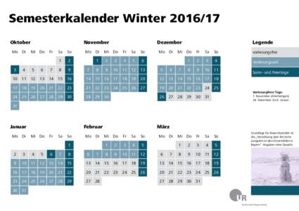 Semesterkalender der Universität Regensburg für das Wintersemester