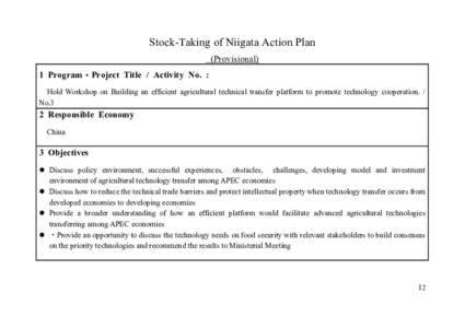 Stock-Taking of Niigata Action Plan (Provisional) 1 Program・Project Title / Activity No. : Hold Workshop on Building an efficient agricultural technical transfer platform to promote technology cooperation. / No.3