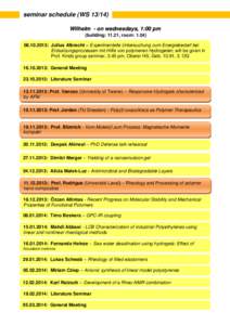 seminar schedule (WSWilhelm - on wednesdays, 1:00 pm (building: 11.21, room: : Julius Albrecht – Experimentelle Untersuchung zum Energiebedarf bei Entsalzungsprozessen mit Hilfe von polymeren Hy