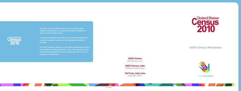 The 2010 Census will define who we are as a nation, affect political representation and direct the allocation of billions of dollars in government funding. This timeline highlights key 2010 Census operational milestones,