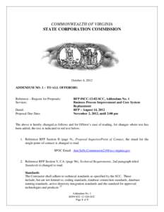 COMMONWEALTH OF VIRGINIA STATE CORPORATION COMMISSION October 4, 2012 ADDENDUM NO. 1 – TO ALL OFFERORS: