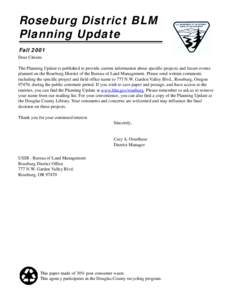 Roseburg District BLM Planning Update Fall 2001