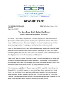 OFFICE OF PUBLIC AFFAIRS 1625 North Market Boulevard, Suite N-323, Sacramento, CA[removed]P[removed]F[removed] | www.dca.ca.gov NEWS RELEASE FOR IMMEDIATE RELEASE