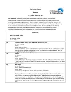 The Hunger Games Survival 6-8 Grade Band Text Set Line of Inquiry: The Hunger Games text set will allow students to construct and apply new understandings to a profound and unfathomable topic. Students will have an oppor