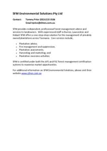 SFM Environmental Solutions Pty Ltd Contact: Tammy PriceEmail 