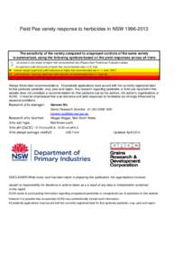 Field Pea variety response to herbicides in NSWThe sensitivity of the variety compared to unsprayed controls of the same variety is summarised, using the following symbols based on the yield responses across 